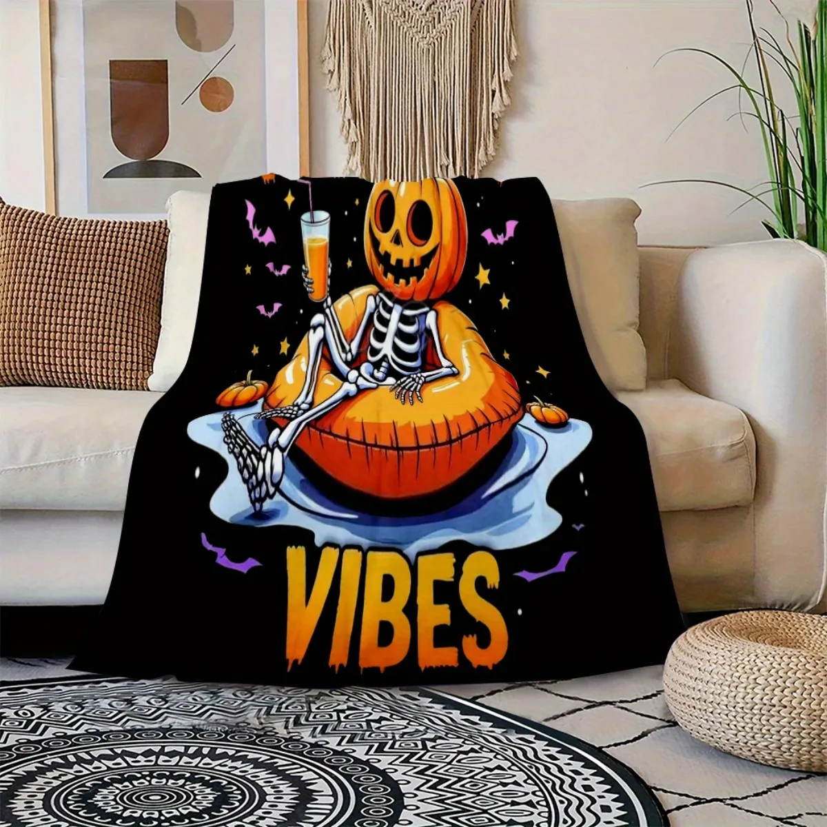 Halloween Skeleton Pumpkin Flannel Throw Blanket Soft All Season SUMMERWEEN VIBES Playful Graphic Machine Washable Blanket for S