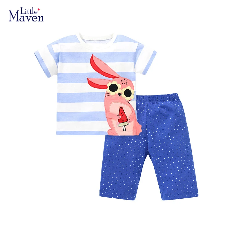 Little maven Suit for Girls 2024 Summer Children\'s Clothing  Tracksuit Kids Clothes Sets Cartoon Rabbits Tops+Pants Cotton