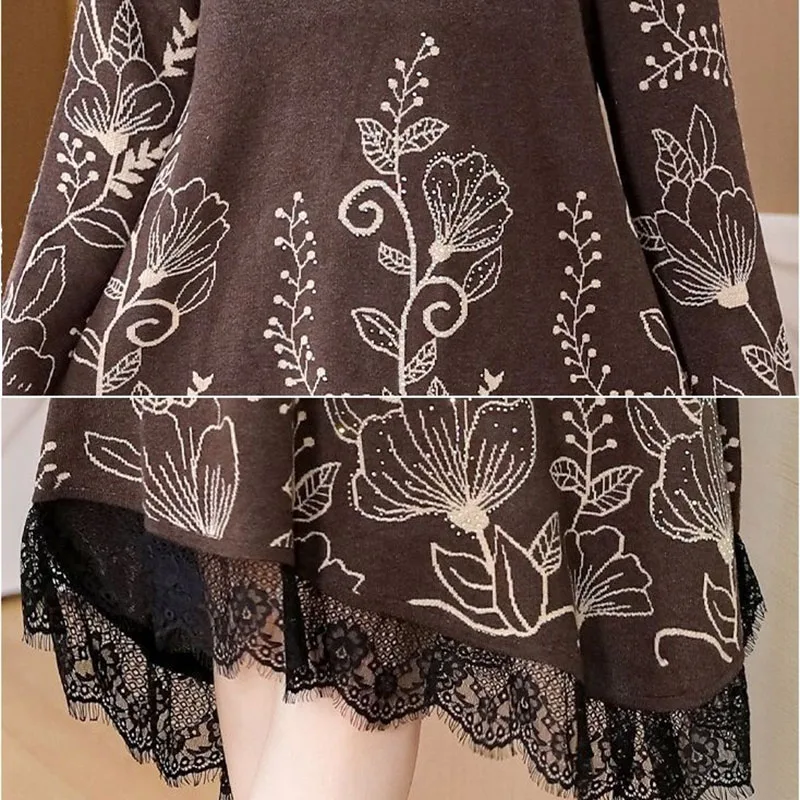 Abito maglione autunno inverno da donna Camicia che tocca il fondo Abito lavorato a maglia jacquard con blocchi di colore di fascia alta Pullover maglione di media lunghezza