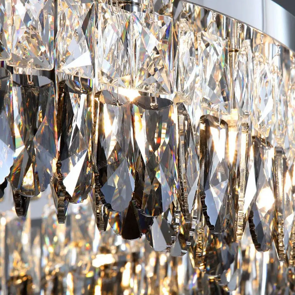 Modern Luxury K9 Crystal Chandelier Flush Mount Ceiling Light Round Prism Stainless Steel Lamp for Living Room Dining Parlor