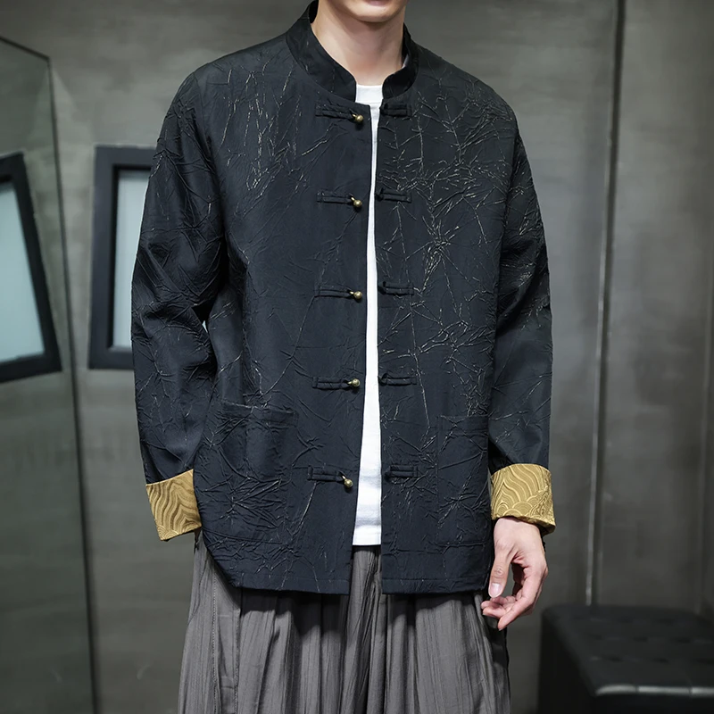 

New Chinese Sle Men's Jaet Tang Suit Relief Lightweight Zhongan Coat Retro Stand Collar Pleated Improved Hanfu Outerwear