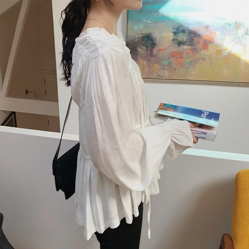 French Chic Women Casual T-shirt Long Bract Sleeve Sexy V-neck Loose Tie Up Solid Black White Elegant Blouse For Female Clothes