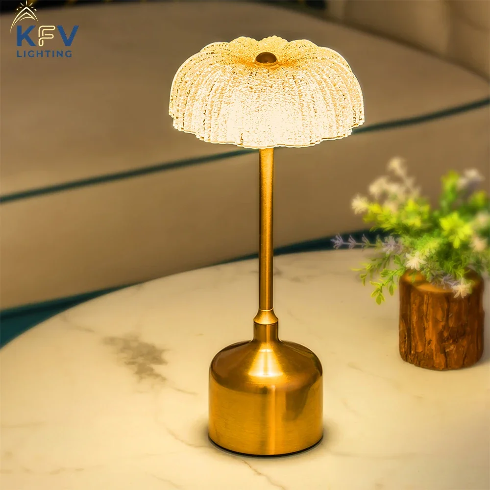 KFV Retro USB Crystal Table Lamp Decoration Rechargeable LED Lamp Metal Desk Light Touch Dimming Night Light Bedroom Desk Lamp