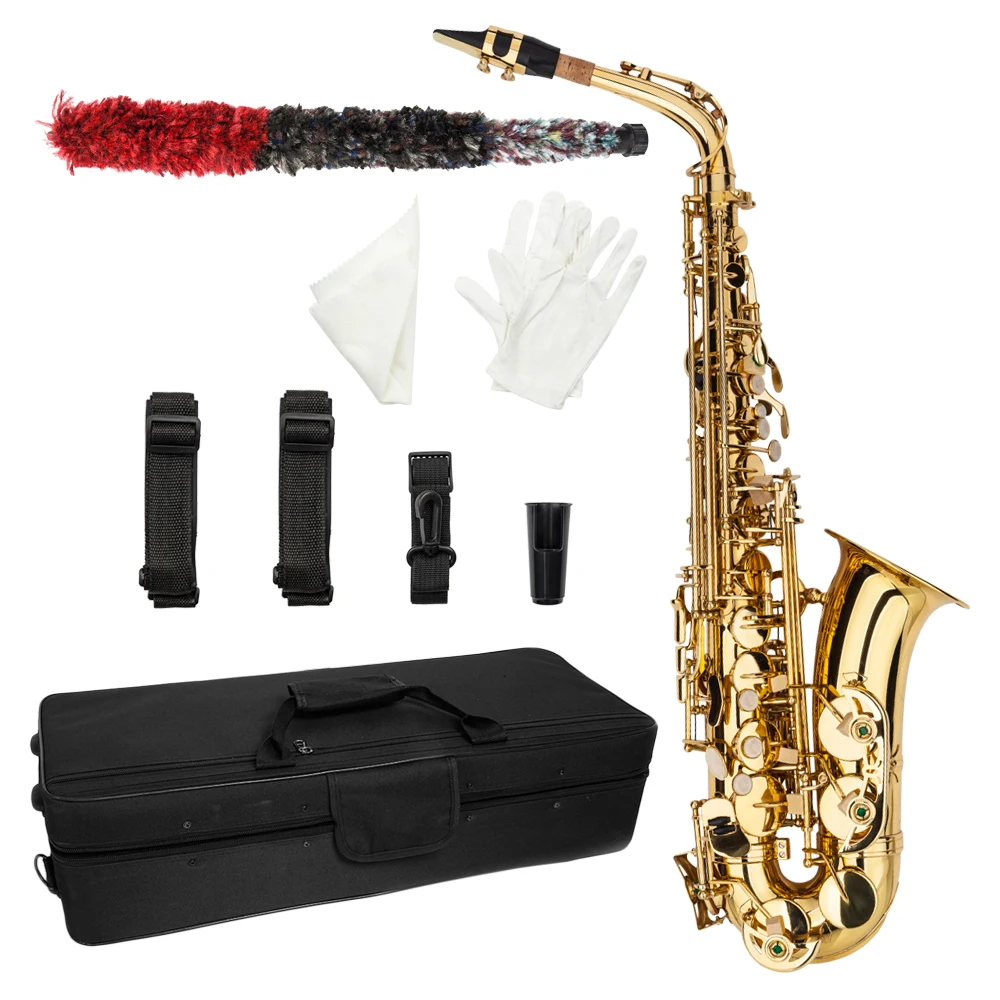 Stylish Brass Alto BE Lacquered Golden Saxophone Painted Golden Tube with Carve Patterns