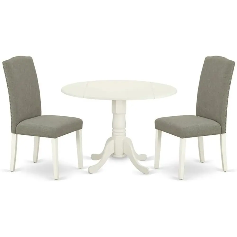 DLEN3-LWH-06 Juego de comedor de 3 piezas con mesa redonda de madera con diseño de gota y 2 sillas Parson de tela de lino estilo shitake