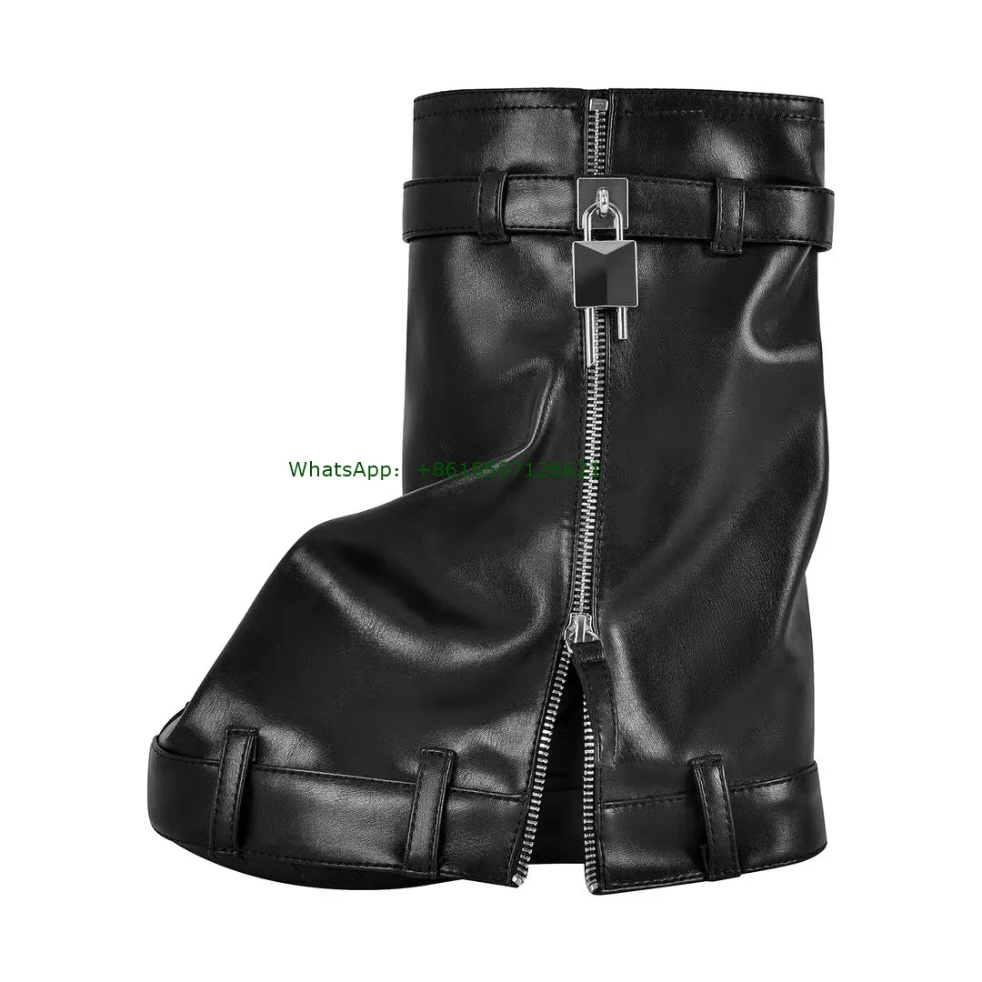 

New Leather Thick Bottom Lock Pants Tube Round Toe Women'S Boots Large Size Short Tube Belt Buckle Wedge Women'S Shoes