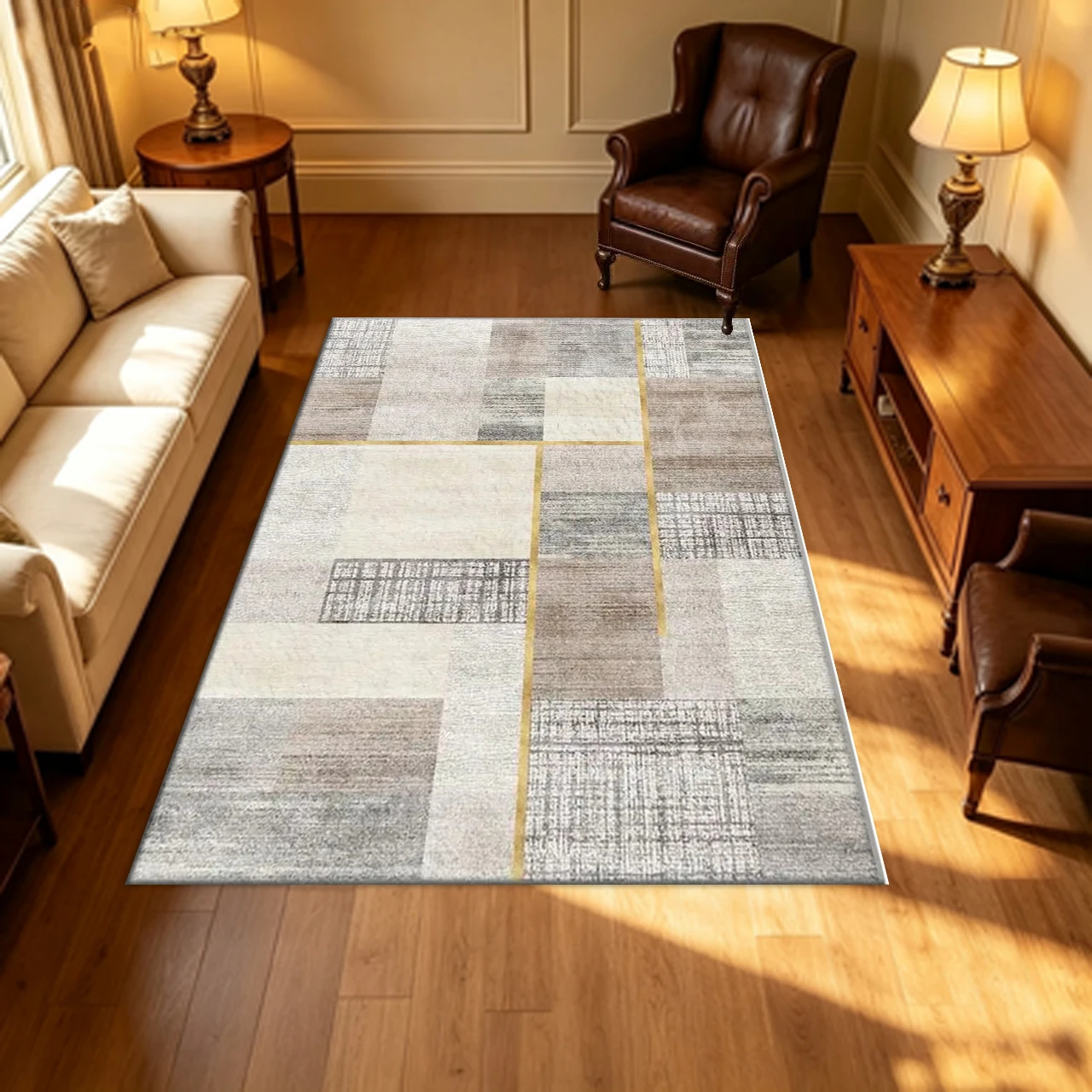 Neutral Tone Patchwork Grid Carpet Flooring Luxury Gold Line Geometric Area Rug Non‑Slip Floor Rug for Home Living Room