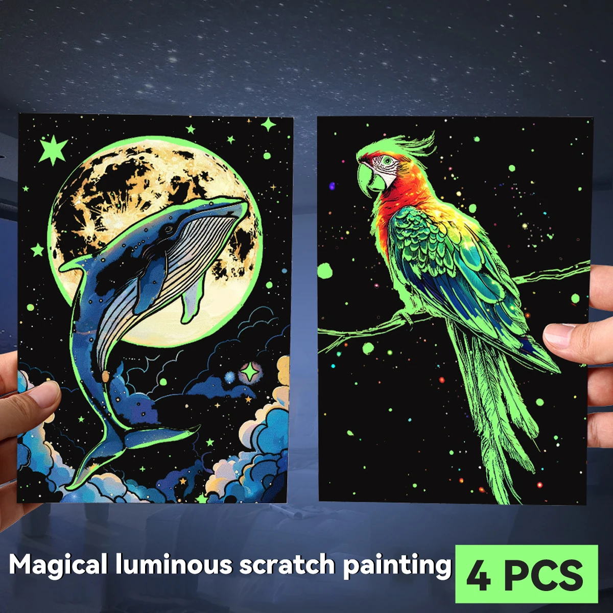 4 Pcs/Set A5 Noctilucent DIY Colorful Scratch Painting Castle Lanscape Cute Animal Night View Manual Scratch Painting Drawing