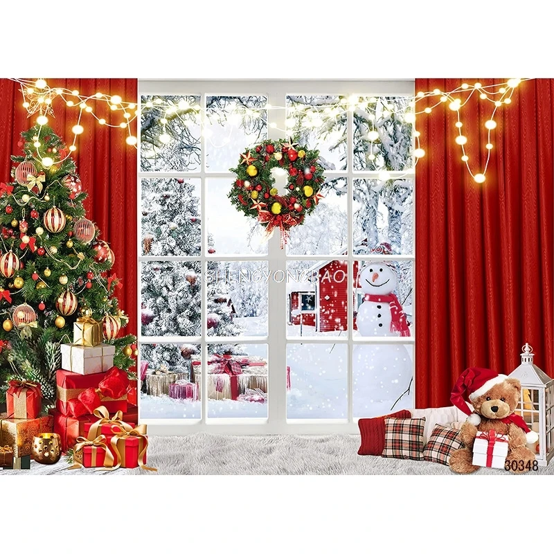 SHENGYONGBAO Christmas Tree Window Wreath Photography Backdrop Wooden Doors Snowman Cinema Pine New Year Background Prop ZZ-23