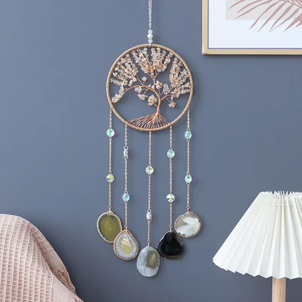 7 Chakra Gemstones Tree Of Life Dream Catchers  Natural Agate Bedroom Wall Hanging Crystal Dream Catcher Home Craft Decorations