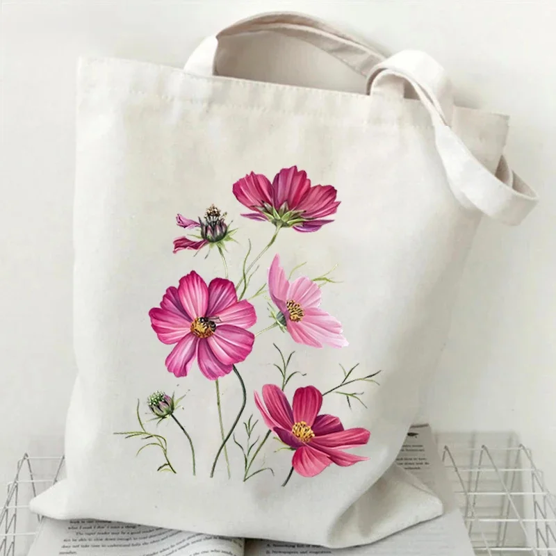 Fashion Canvas Tote Bag Oil Painting Wildflowers Print Lady Shoulder Shopping Bag Plant Style Daisy Vintage Flower Women Handbag