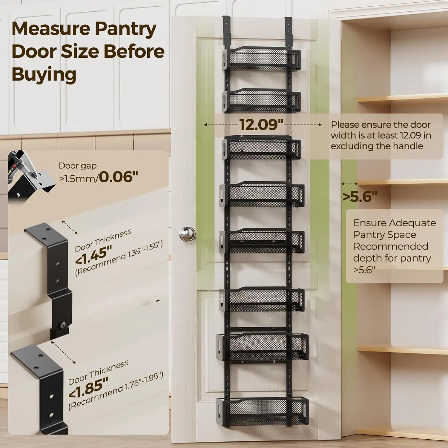 8-Tier Over-the-Door Pantry Organizer, 2-in-1 Hanging or Wall Mount Spice Rack & Seasoning Holder, Adjustable Heavy-Duty Narrow Pantry Door Storage Organizer for Kitchen Cabinet and Bathroom, 12 Inch, Black