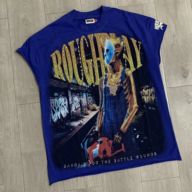Streetwear High Quality Rhinestone Rough Play T-shirt Hip-hop Ripped Hole Round Neck Pattern Print Short Sleeve Tee