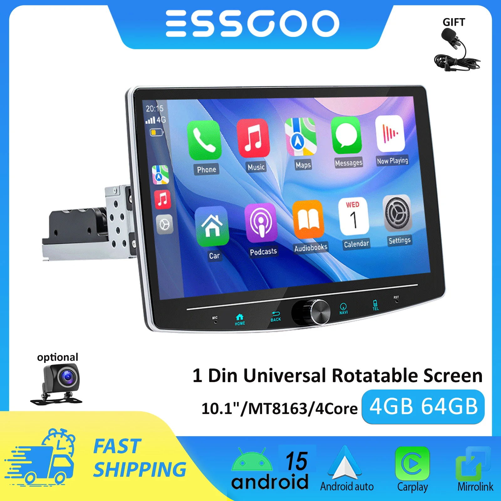 1Din drehbarer Multimedia-Player mit Carplay und Android Auto, 10,1 Zoll Floating-Screen-Autoradio, 4GB 64GB optional, drehbares Radio, Einzelknopf