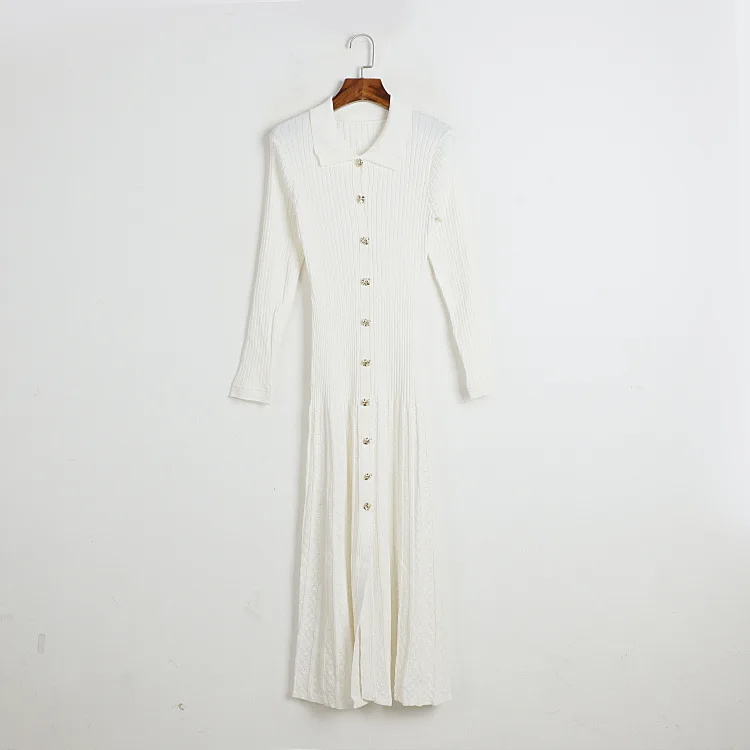 Franse elegante en afslankende stretch gebreide jurk revers single-breasted knopen lente herfst lange mouwen lange geplooide jurk