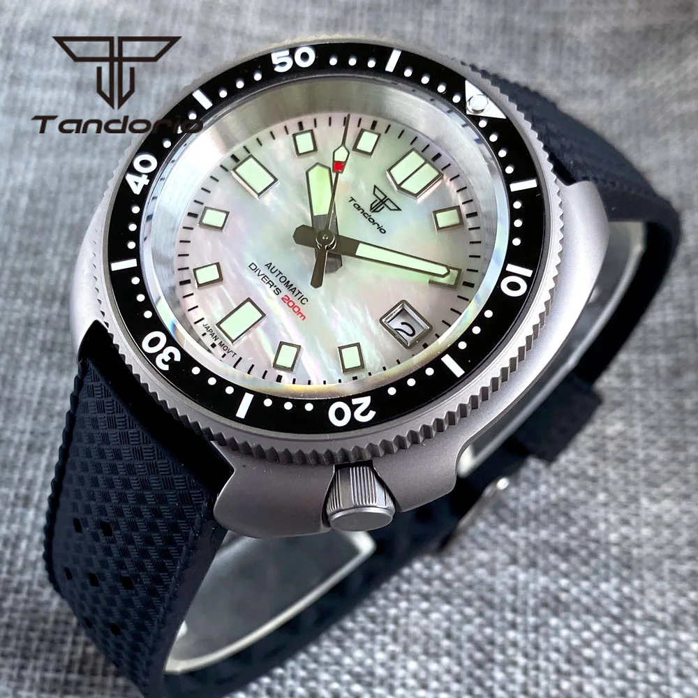 Tandorio 44mm Titanium Dive NH35A Automatic Watch for Men 20Bar MOP Dial Sapphire Crystal Ceramic Bezel Date Rubber Luminous