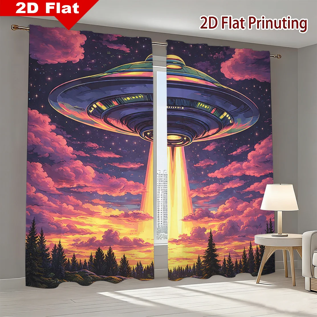 Galaxy UFO Curtains Pair Window Drapes Sci-Fi Space Nebula Sunset Printed Modern Home Decor Room Curtains