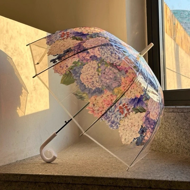 

로맨틱감성Transparent Automatic Umbrella Hydrangea Butterfly Garden Style Long Handle Sun Rain Umbrella Women용Stylish Fashion Outdoor