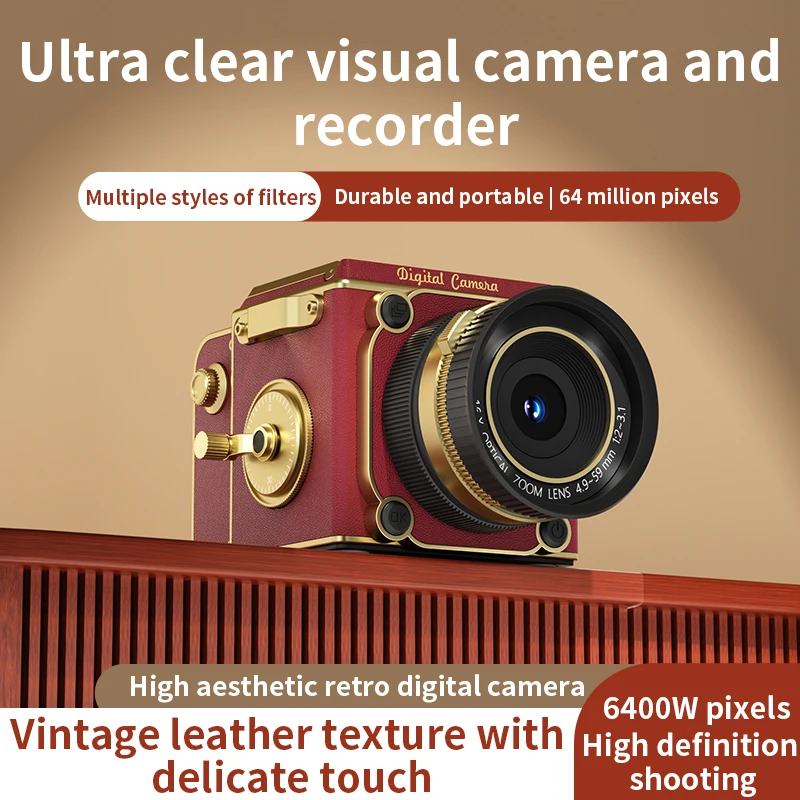 4K Retro Portable Simulation Camera Video Recording 16X Zoom 6400MP HD 2.0 Inch Screen with128GB Card Student Portable Camera