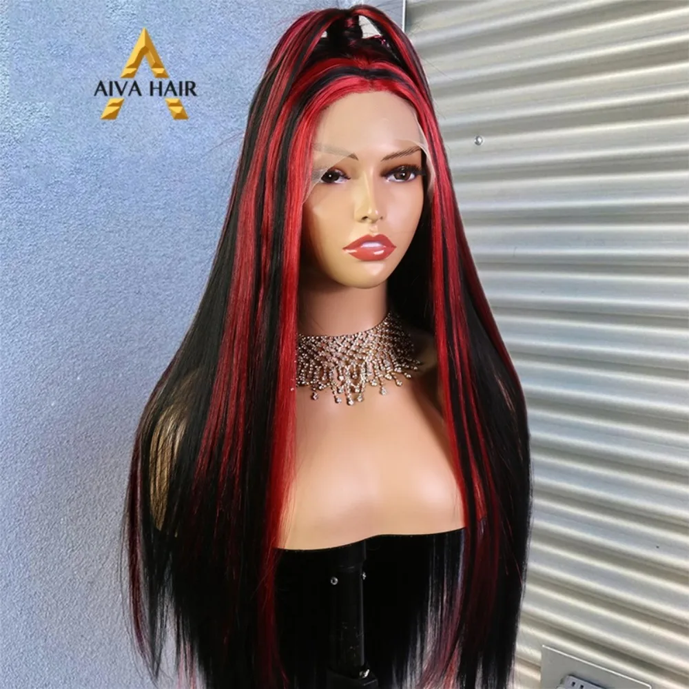 AIVA Straight Lace Front Wig for Woman New Synthetic Red Black Colour Cosplay Wig Drag Queen Glueless Heat Resistant Preplucked