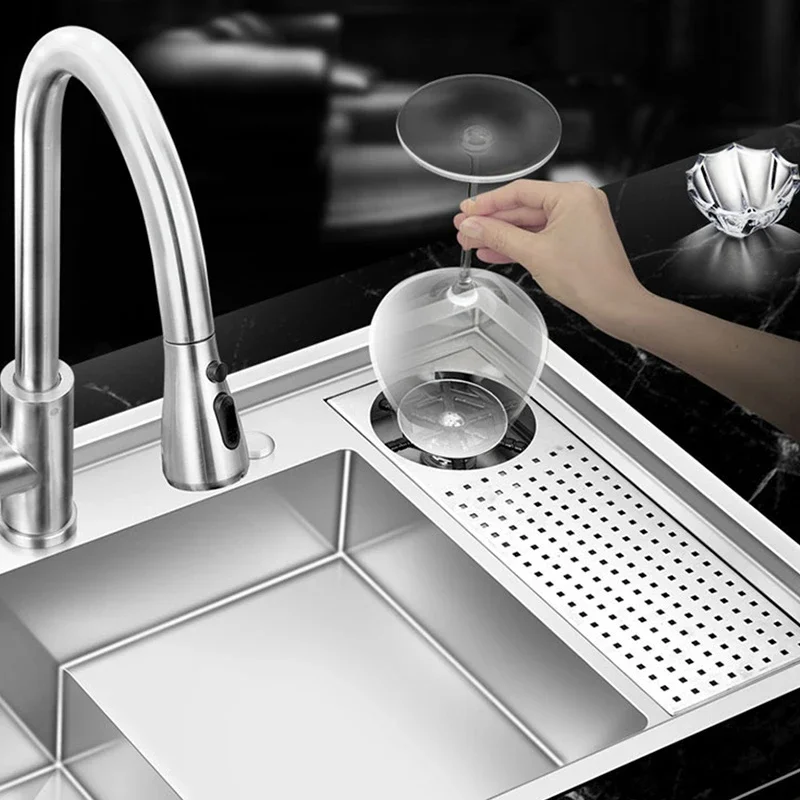Large Size Kitchen Sink 304 Stainless Steel Cup Rinser Stepped Sink Handmade Brushed Single Kitchen Cup Rinser Stepped Sinks
