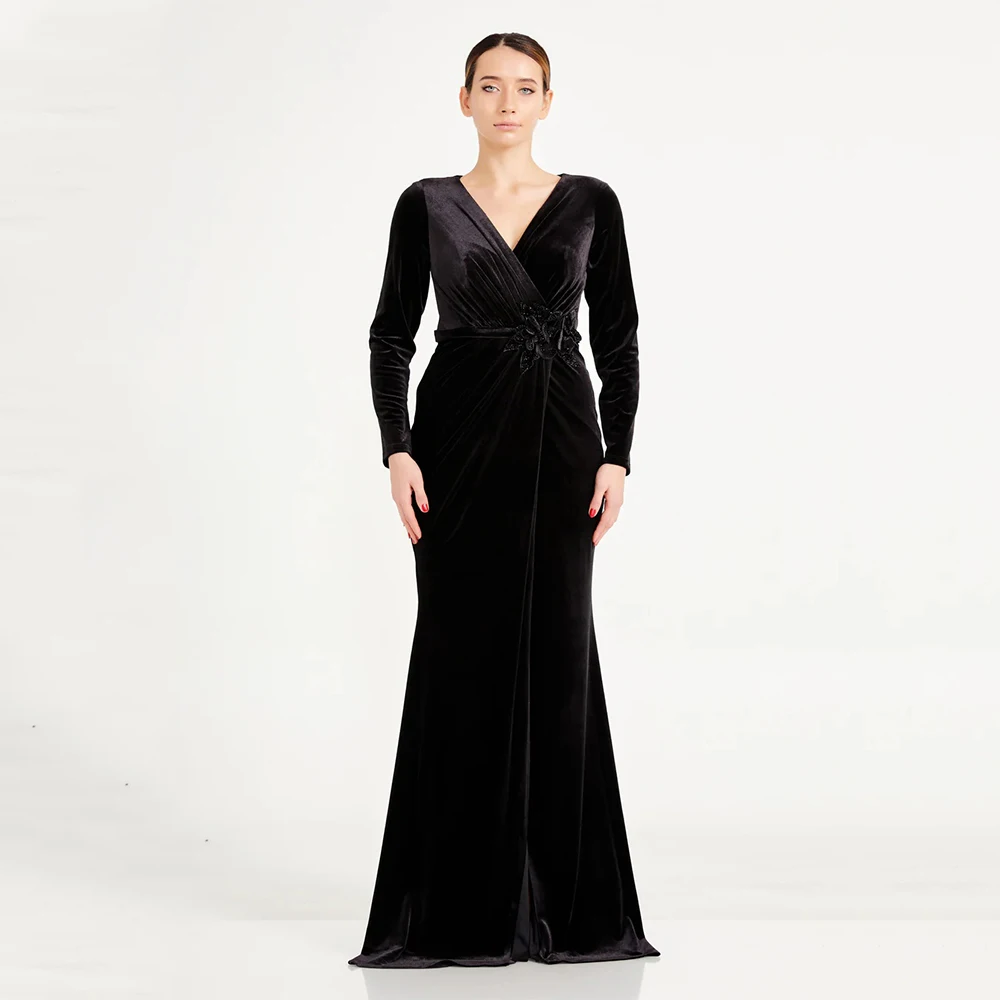 

Dream Classic Elegant Evening Dress Velour for Floor-Length V-Neck Prom Dress Appliques Mermaid Vestidos De Fiesta Customized