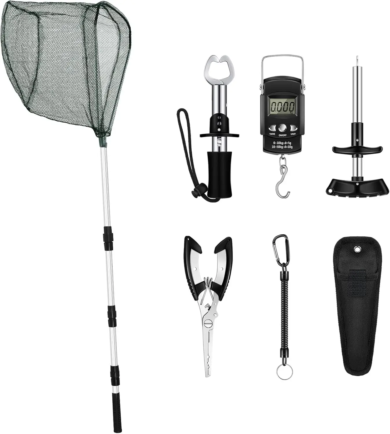 

7 Pcs Fishing Gear Kit with Foldable Landing Net, Hook Remover, Scale, Pliers, Lanyard - 51.2 in, Black