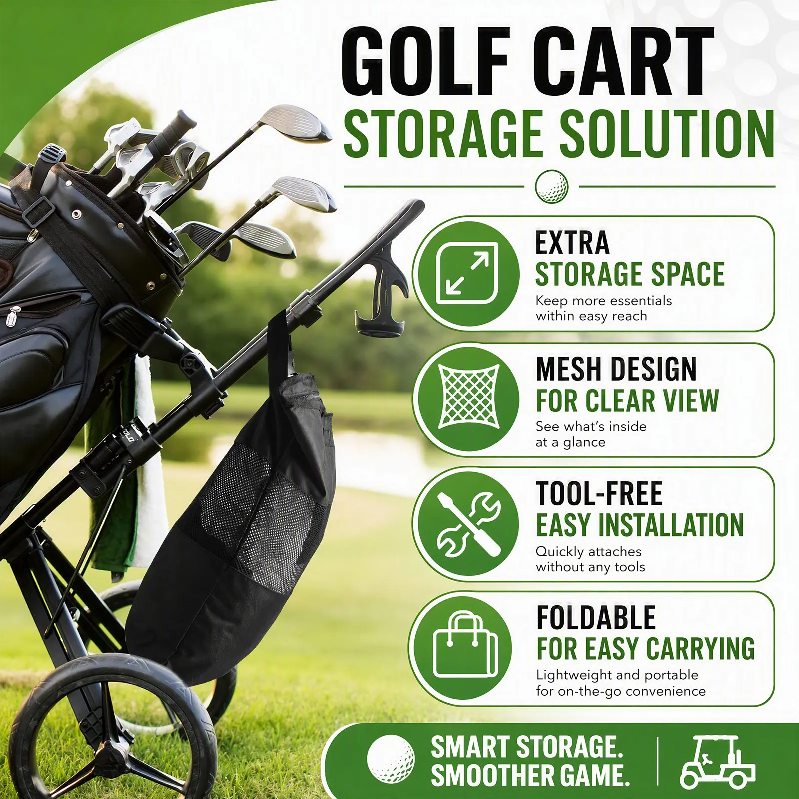 Large Capacity Golf Cart Organizer Bag Wide Base Mesh Pocket 12 Tee Slots Zippered Waterproof Oxford Cloth Bag