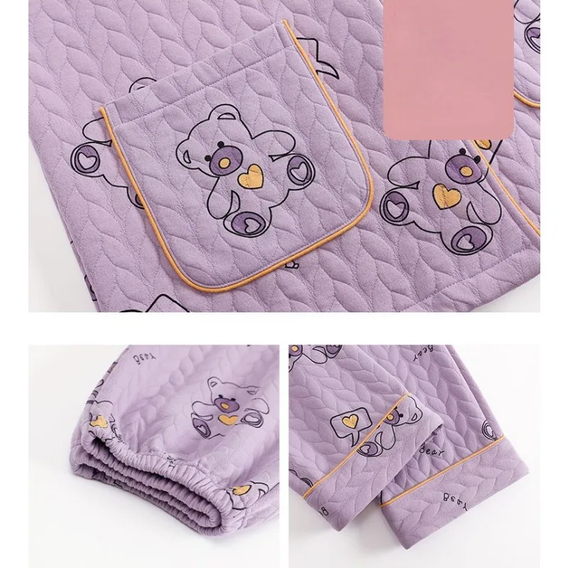 2024 New Student Pajamas Women Spring Autumn Thickened Pure Cotton Loungewear Long Sleeved Three-layer Air Cotton Warm Homewear