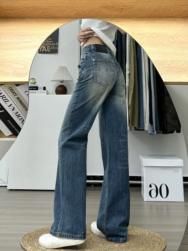 로우 웨이스트 빈티지 아메리칸 데님 진 여성용 루즈 스트레이트 레그 플로어-길이 드레이프 바지 가을 신상품