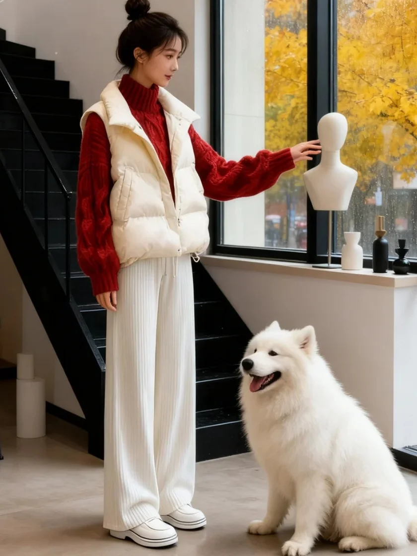 حجم كبير الخريف الشتاء مجموعة المرأة لطيف Sle الأحمر محبوك سترة القطن Jaet سترة Fce اصطف سراويل تقليدية المحملة قطعة...