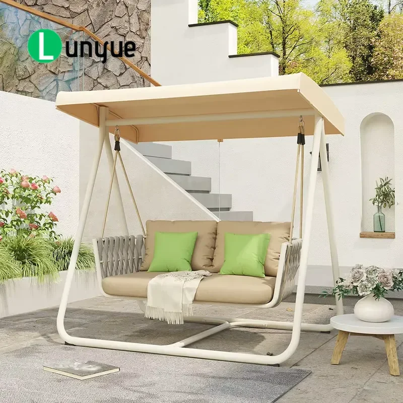 Outdoor Rope Weaving Porch Swing Chair Waterproof Rust Proof Patio Garden Swing with Suspension Bracket Canopy and Seat