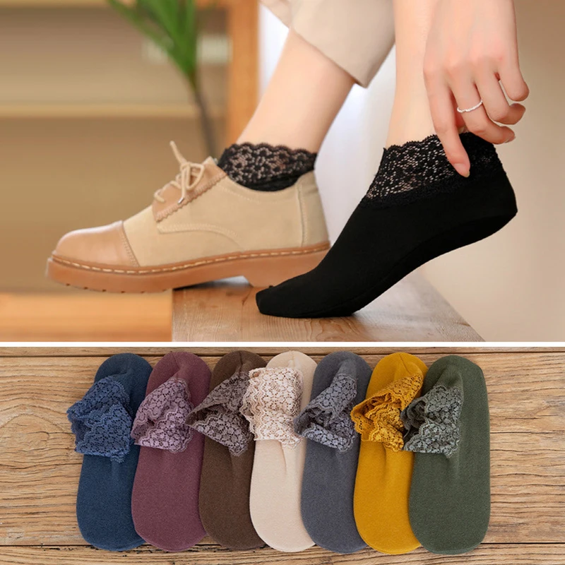 Women Low Lace Tube Thermal Socks Vintage Cute Thick Plus Velvet Warm Home Floor Socks Autumn Winter Anti-slip Sock Slippers