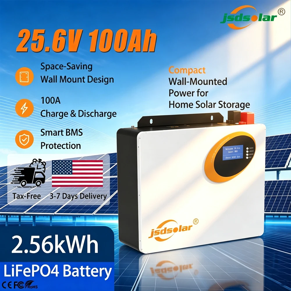 Jsdsolar 25.6V 100Ah LiFePO4 Battery Power Wall 2.56kWh Built- in BMS Maximum Charging And Discharging Current 100Ah Household Energy Storage Battery Communication Port CAN/RS232/RS485 Suitable For Hybrid Off Grid Inverters