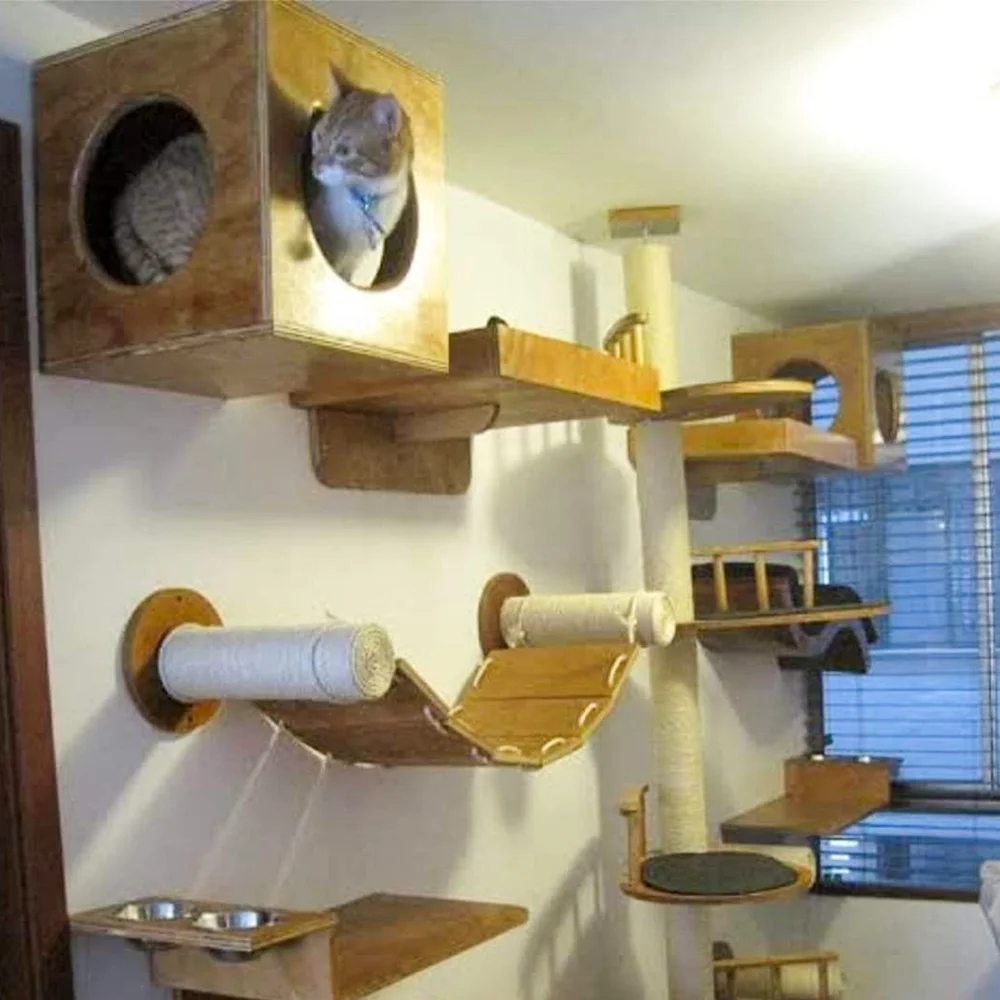 Cat Wall-mounted Wooden Pet Furniture Climbing Frame Cat Hammock Sisal Ladder Cat Tree and Tower For Kittens Indoor Play