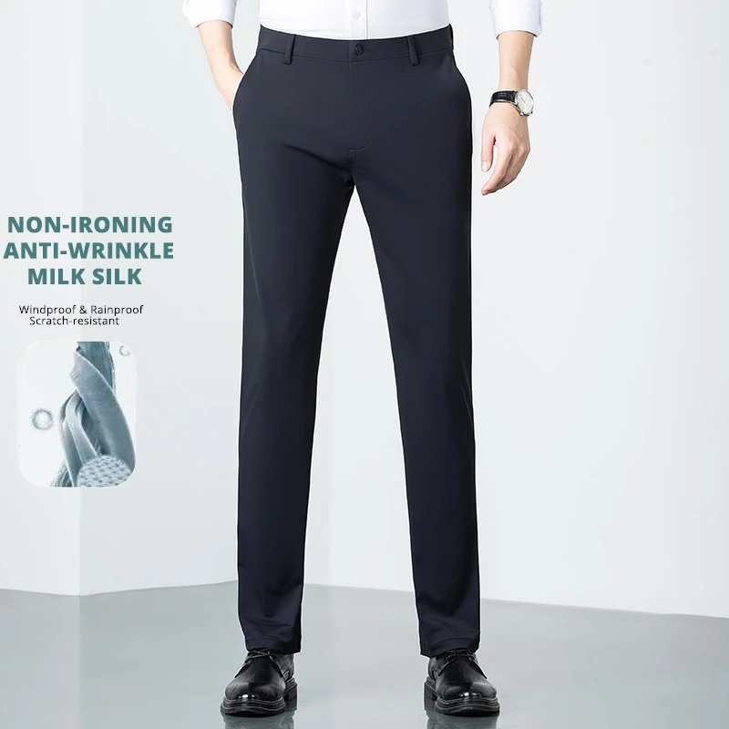 Premium Melk Ijs Zijde Strijkvrij Nieuw Merk Mode Jurk Broek Mannen Ademend Kantoor Business Casual Pendelen Lange Pak Broek