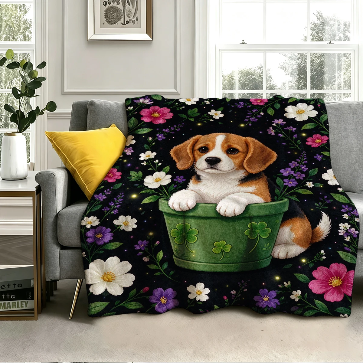 Beagle Clover Pot Wildflwrs Flannel Blanket Warm Soft Halloween Christmas Decorative Couch Warm Cozy All-Season Gift