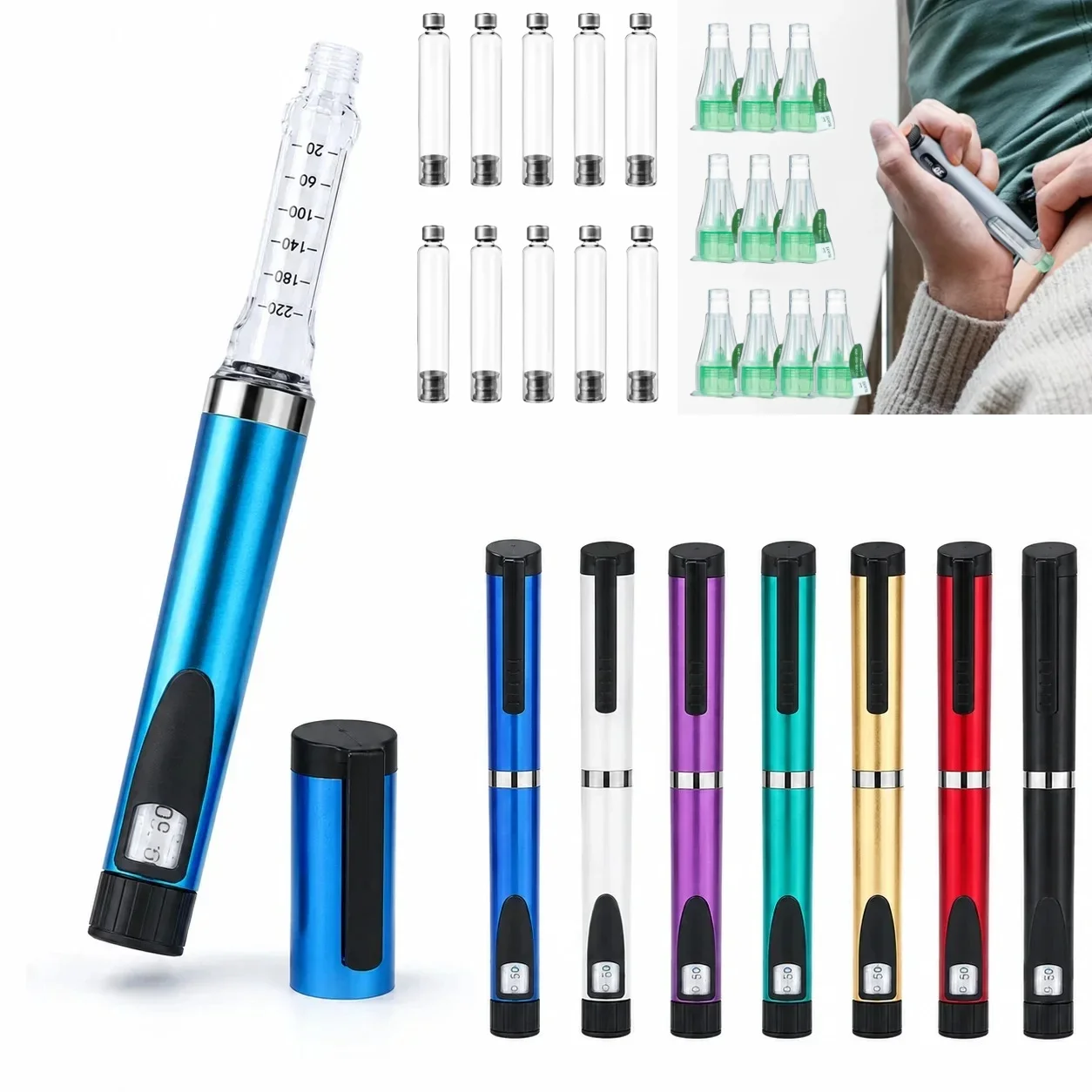 Reusable V3 Metal Insulin Pen Adjustable Dose Refillable Injector with Cartridge Holder Portable Diabetes Injection Device Set
