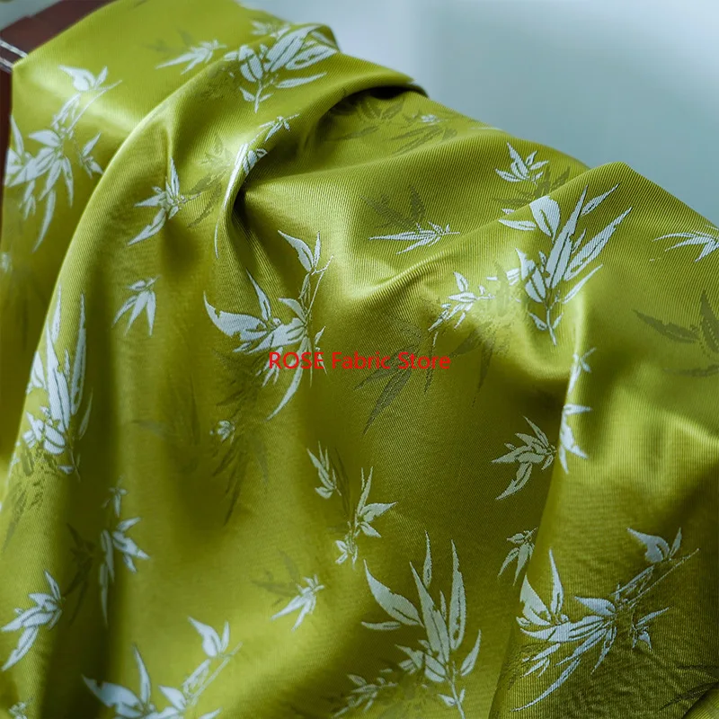 1 metr tkaniny żakardowej w stylu chińskim z zielonymi liśćmi bambusa, materiał do szycia garniturów, sukienek, kamizelek, woreczków, DIY