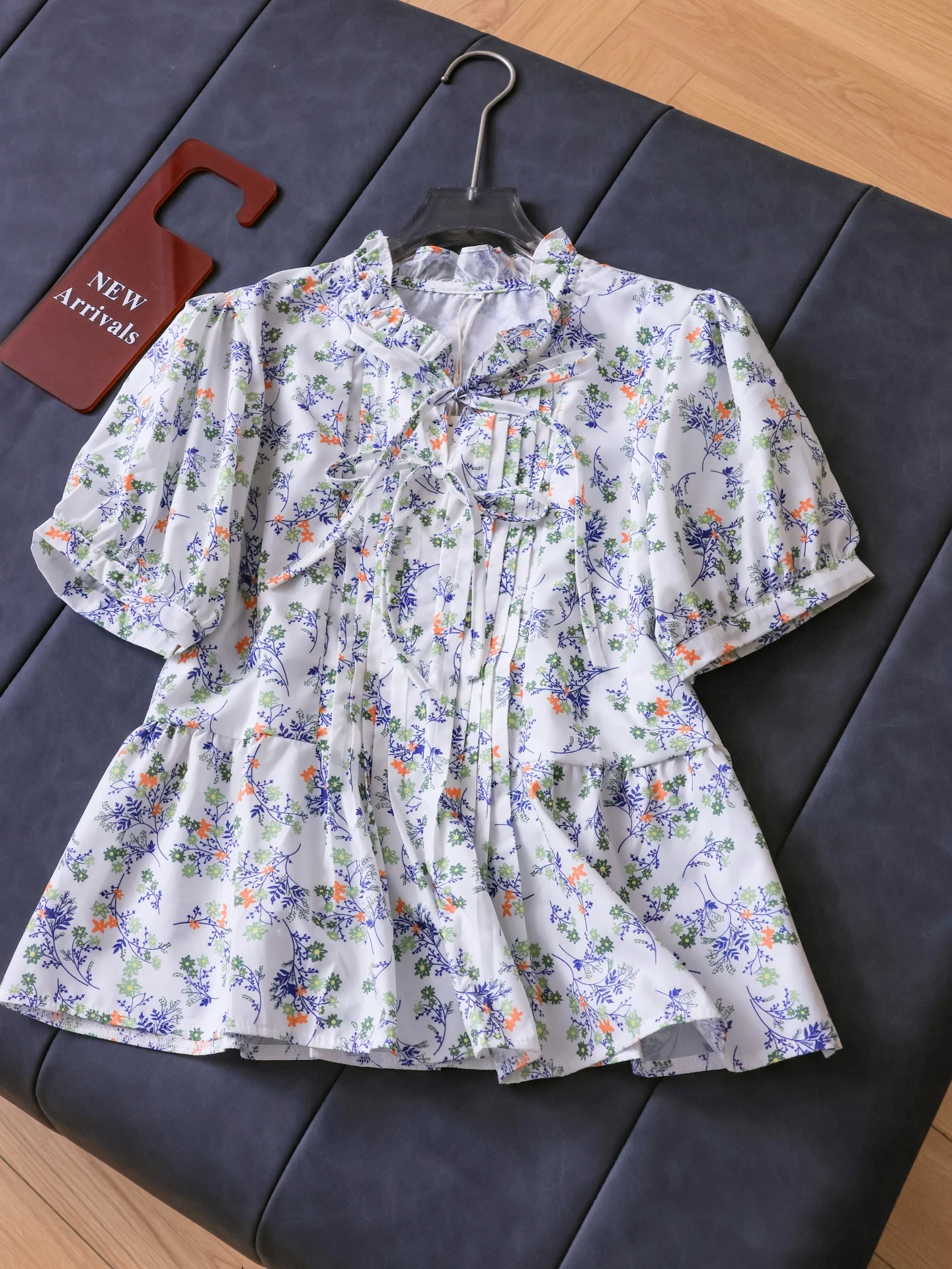 

Floral Print Loose Slim Fit Accordion Pleated Shirt Stand Collar Short Sleeve Women's Casual Style Polyester Fiber Shirt