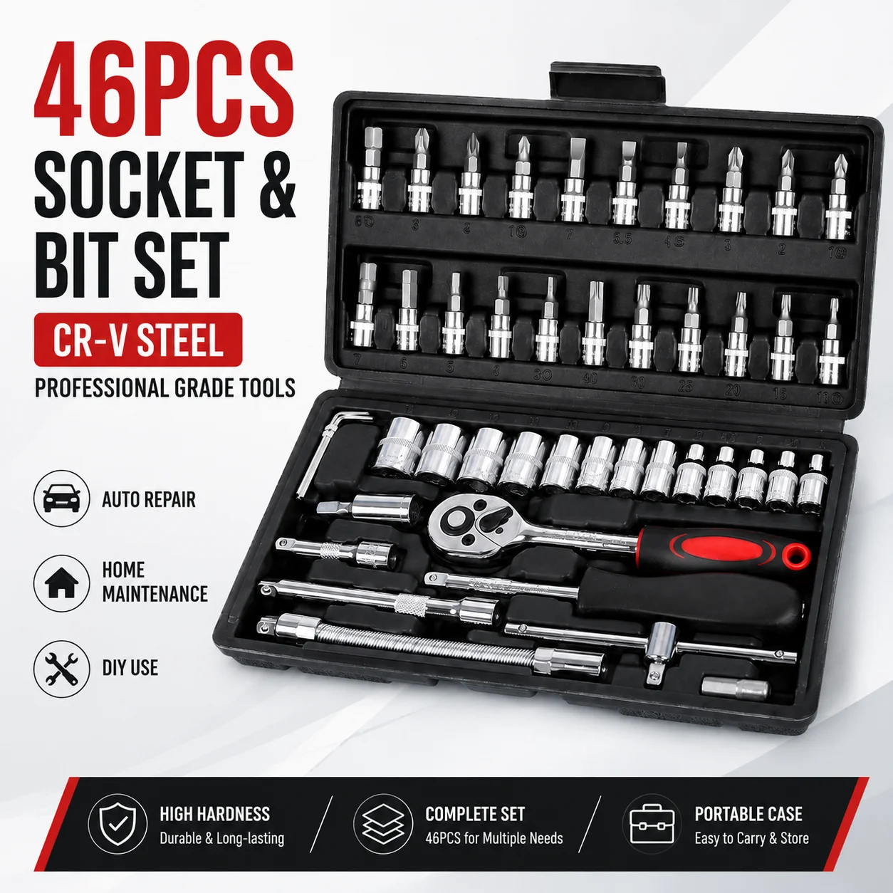 46PCS Socket Wrench Set CR-V Steel Ratchet Tool Kit Bit Socket Set Professional Auto Repair Hand Tools Set for Car Home Use