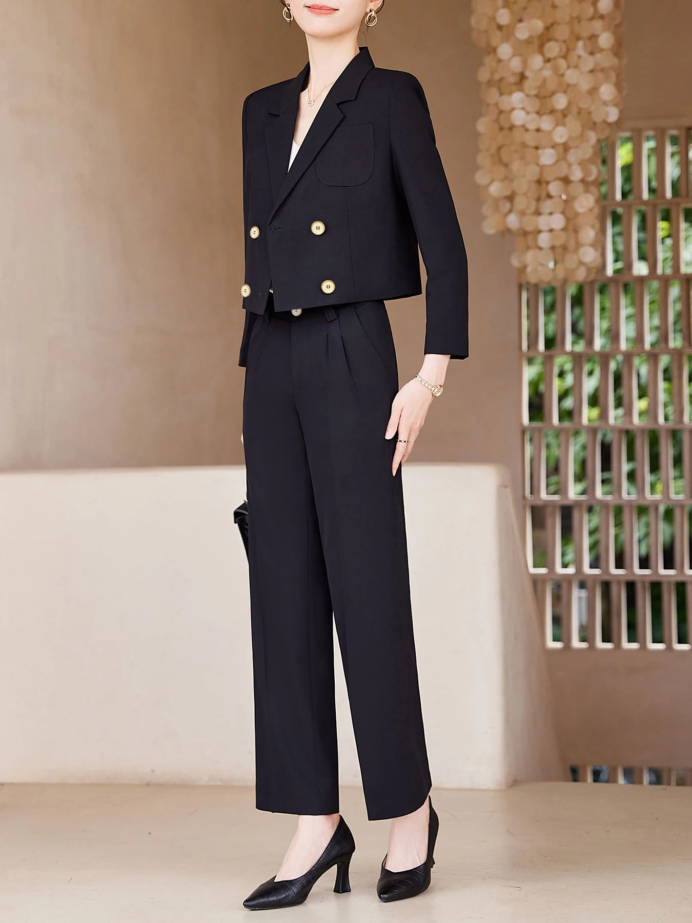 Short Double-Breasted Suit Trousers, Notch Collar Temperament Design Office Versatile Suit Set