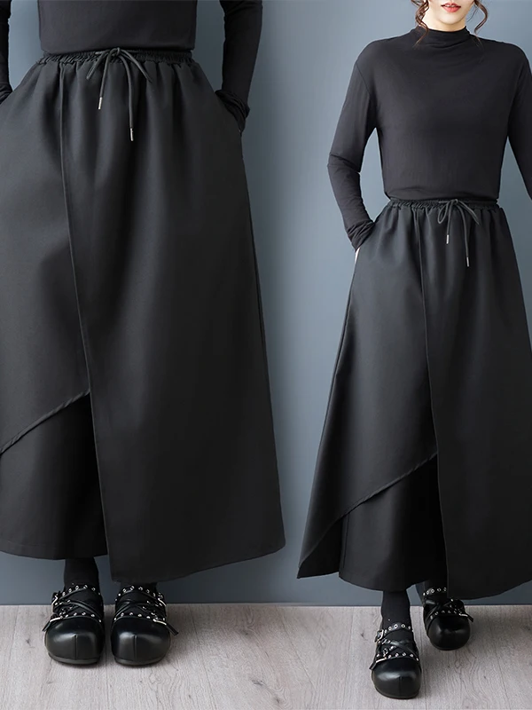 Authentic Fall New Style Dual Layer Wide Leg Pants Skirt High Waist Loose Fit Nine Point Pants Dark Style Fashionable Casual ...