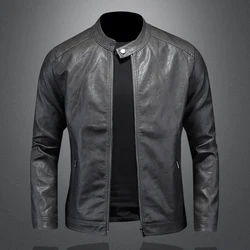 2024 Autumn and Winter New Fashion Handsome with Solid Color Men Stand Collar Motorcycle Leather Coat Slim Fashion   M-5XL