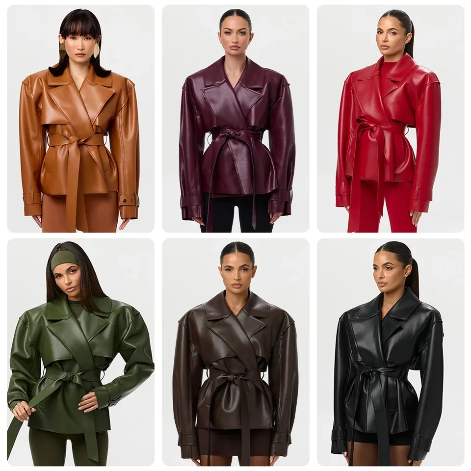 

Новая женская осенняя кожаная куртка 2026 года с завышенной талией, из искусственной кожи, с большим отложным воротником и поясом на завязках