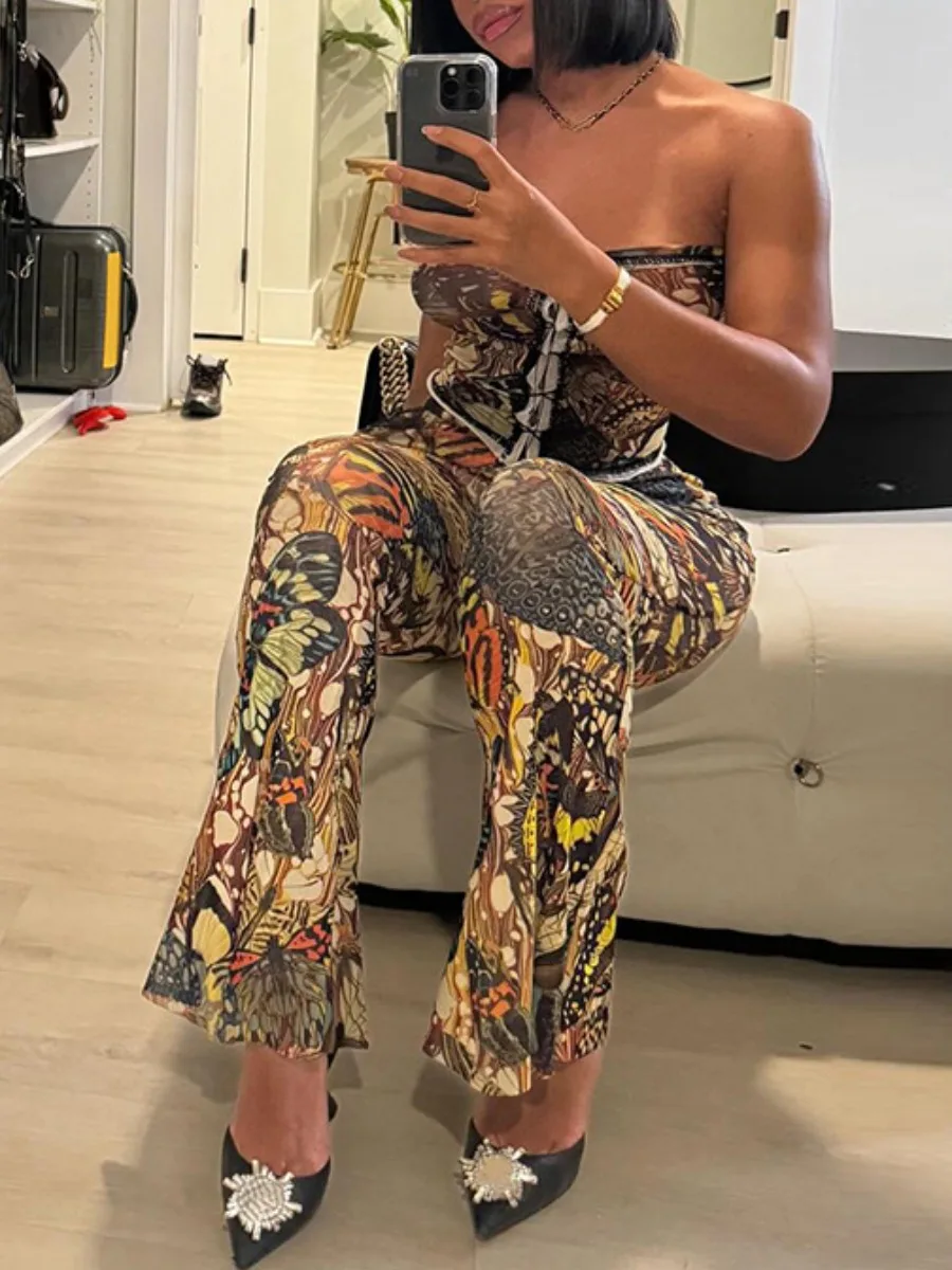 LW sexy Women Fashion 2piece Set sleeveless Crop Top Butterfly Print Top + Flared Pants Set Elastic Matching Streetwear Outfits