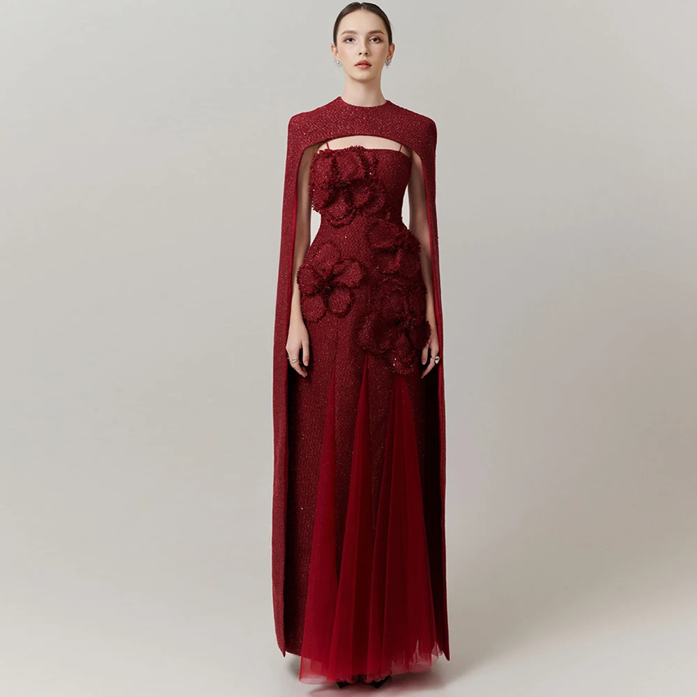 

Classic Burgundy Jersey Evening Dress Elegant O-Neck Mermaid Customized Party Dresses Delicate Flowers Special Occasion Gowns