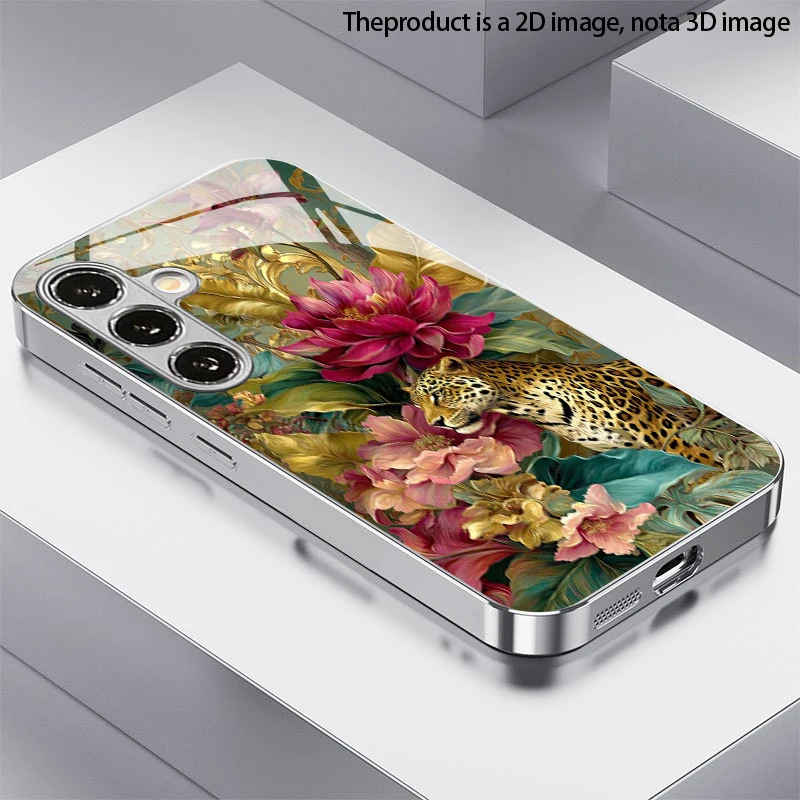 Lion Beast Floral Pattern 2D Phone Case for Samsung S26 S25 S24 S23 S22 S21 S20 A56 A36 A16Electroplated Glass Protective Cover