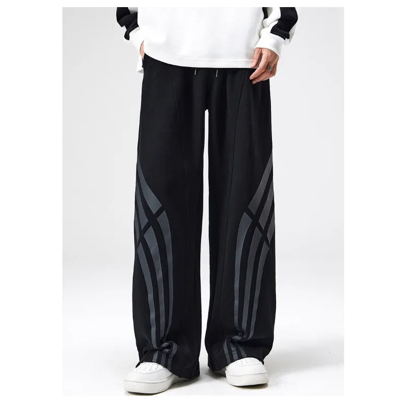 

Men's Color Striped Patchwork Sweatpants Loose Draping Straight Floor Length Casual Pants Men Sports Lace-up Sweatpants