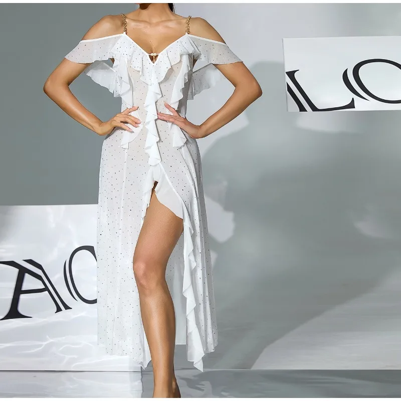 

2026 Light Luxury Sexy Off-the-shoulder Suspender Nightdress Sequined Ruffle Edge Perspective Split-ended Home Dress